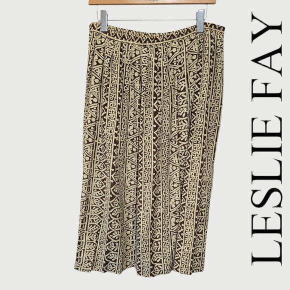 Leslie Fay Vintage Brown Cream Print Midi Skirt Size 14 Elastic Waist - Picture 8 of 9